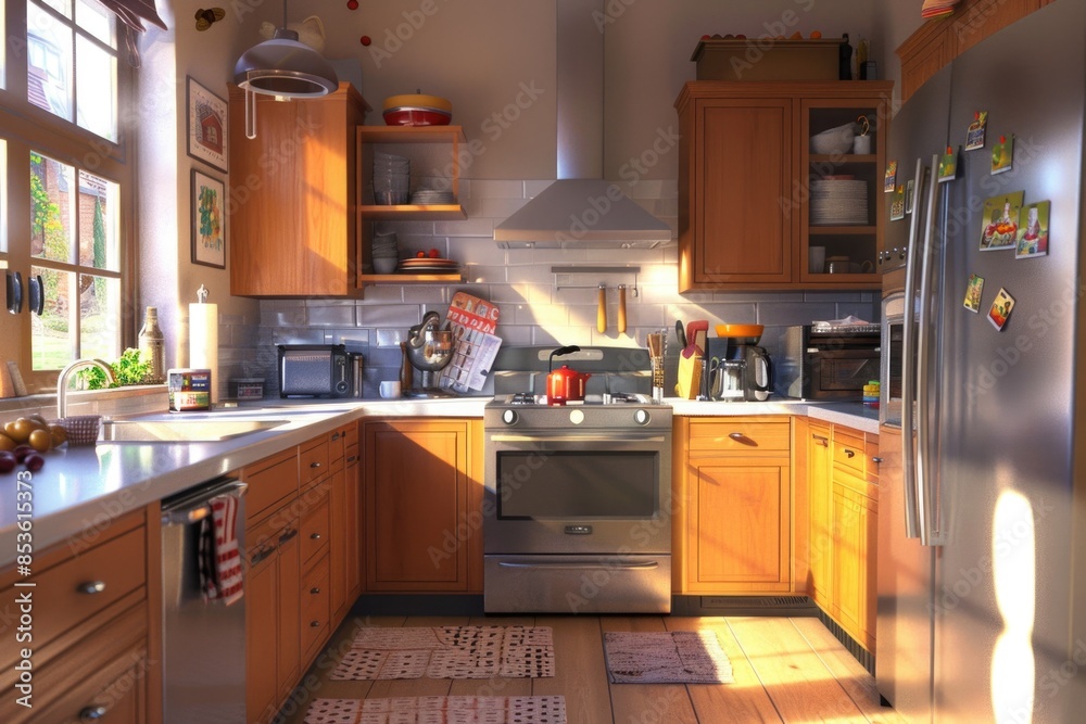 A modern kitchen featuring wooden cabinets and stainless steel appliances A modern kitchen featuring wooden cabinets and stainless steel appliances