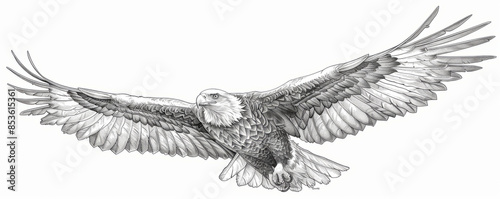 A line art drawing of a majestic eagle soaring through the sky, its wings outstretched as it surveys the landscape below.