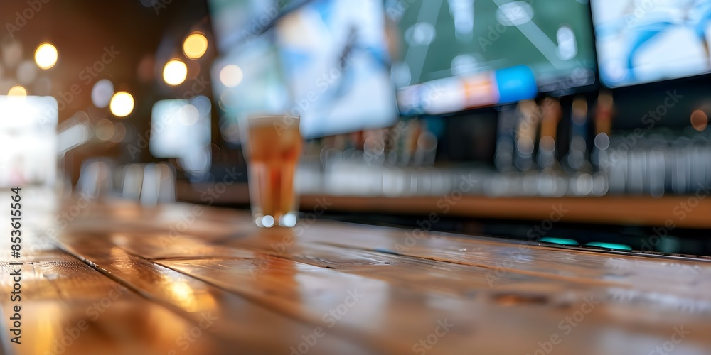 Empty wooden counter with blurred TV screens showing sports in the background. Concept TV screens, Sports, Wooden counter, Blurred background, Interior design Empty wooden counter with blurred TV screens showing sports in the background. Concept TV screens, Sports, Wooden counter, Blurred background, Interior design