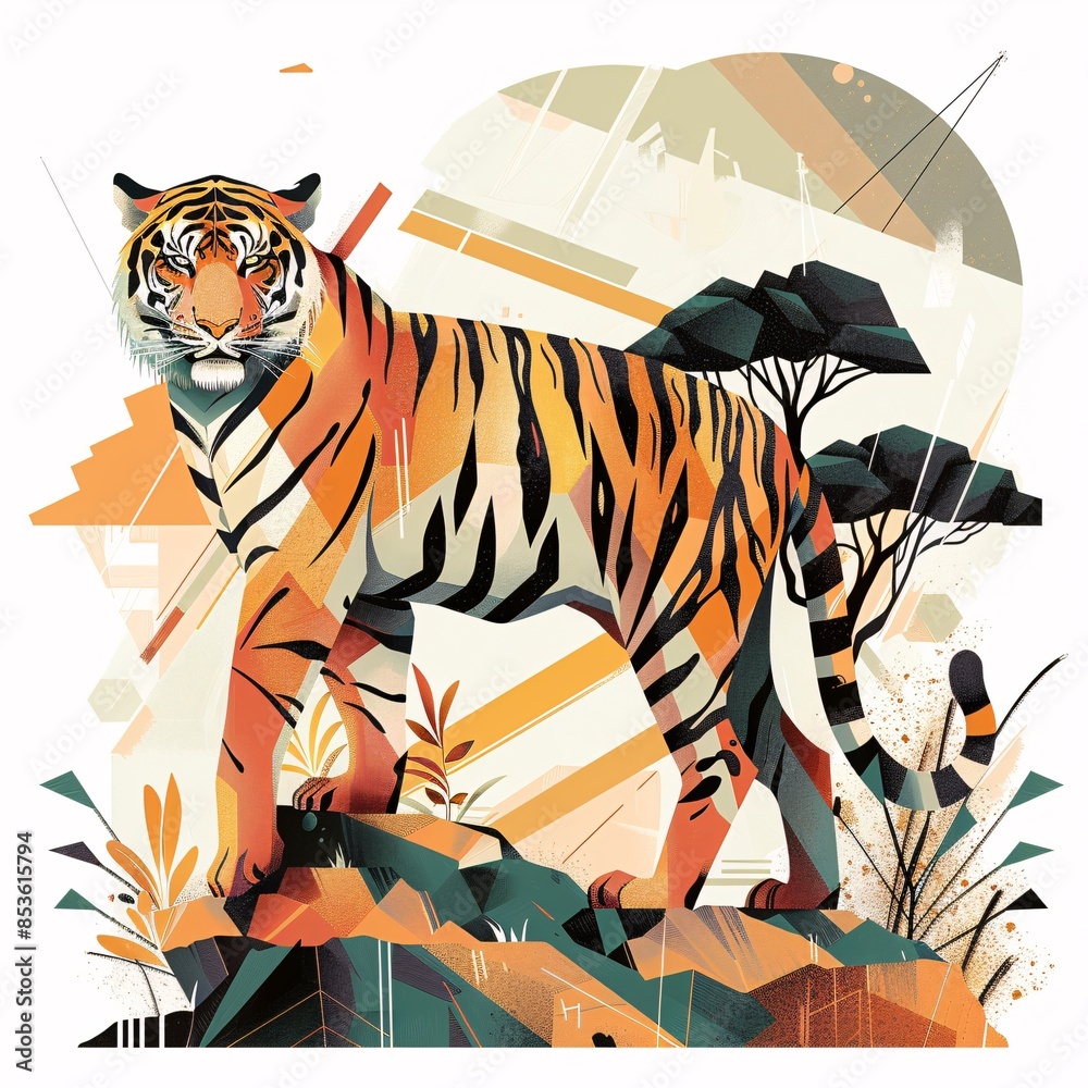 Tiger standing on a rock with abstract foliage background. Digital illustration with geometric shapes and patterns. Tiger standing on a rock with abstract foliage background. Digital illustration with geometric shapes and patterns.