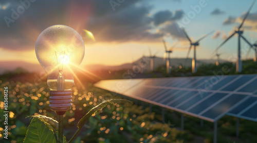 Leuchtende Glühlampe neben Energiepark mit Windrädern und Photovoltaikanlage Solarfelder Künstliche Intelligenz hervorheben Glühbirne für Symbolik einer Idee Technologie Vorsprung Generative AI photo