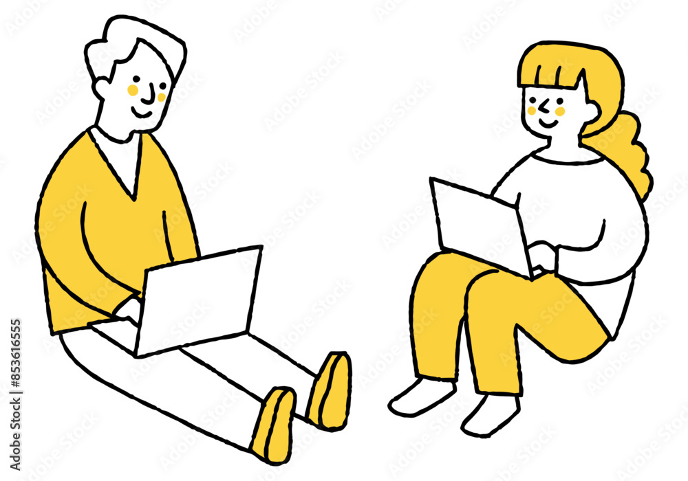 Man and woman sitting on the ground working on a computer Man and woman sitting on the ground working on a computer