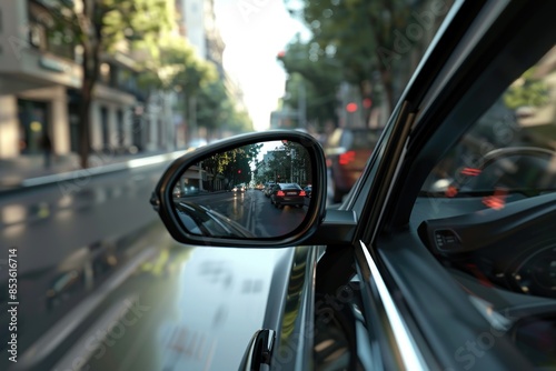 A rear view mirror on a city street, ideal for use in images about transportation, urban life, or commuting © Ева Поликарпова