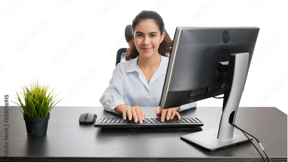 Employee working at a desk with office equipment including a high-resolution computer monitor, realistic keyboard, and detailed mouse, transparent background Employee working at a desk with office equipment including a high-resolution computer monitor, realistic keyboard, and detailed mouse, transparent background