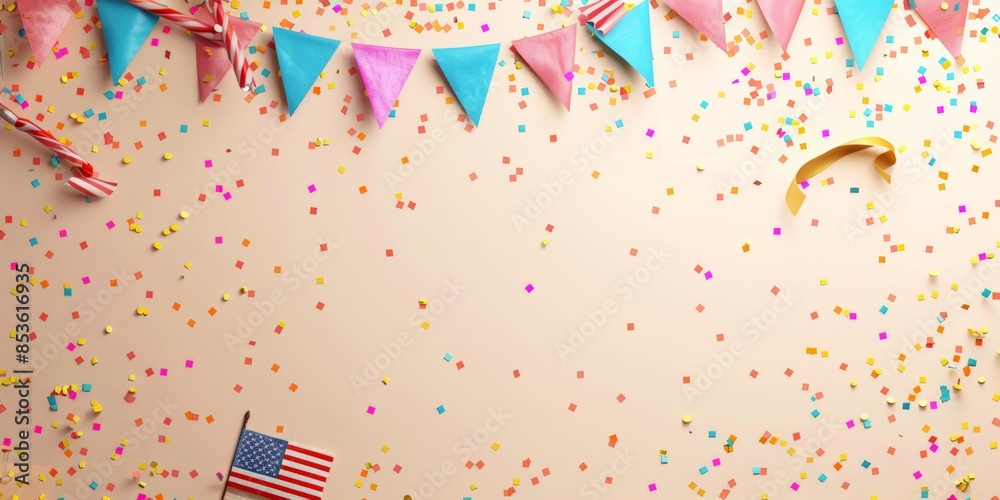 Obraz premium American flags and confetti hanging on strings against a bokeh-filled background, symbolizing a festive patriotic celebration.