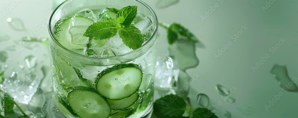 A refreshing cucumber mint cooler with thin cucumber slices and mint sprigs, served in a clear glass with condensation on a light green background. A refreshing cucumber mint cooler with thin cucumber slices and mint sprigs, served in a clear glass with condensation on a light green background.