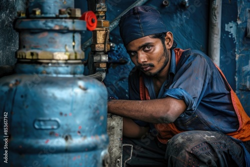 Wallpaper Mural A person sits next to a blue gas tank with a calm expression, great for illustrations on topics like transportation, environment or daily life Torontodigital.ca