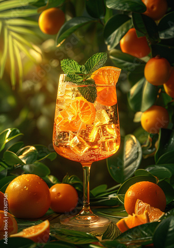 a realist photography poster of an aperol spritz cocktail. make it refreshing. make the background that gives summer refreshing vibes. 