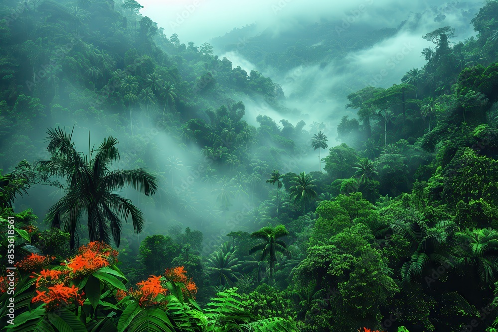 A dense rainforest with a diverse range of flora and fauna, showing the richness of biodiverse habitats. A dense rainforest with a diverse range of flora and fauna, showing the richness of biodiverse habitats.