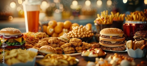 Variety of junk food on a table photo