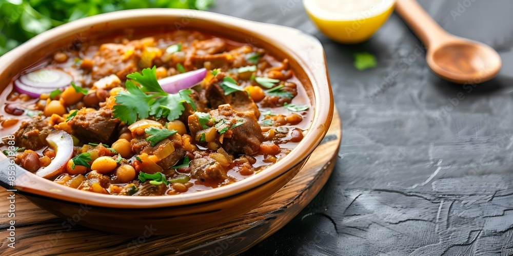 Slow-Cooked Haleem Stew A Ramadan Favorite with Barley, Wheat, Tender Meat, Fried Onions, and Lemon. Concept Ramadan Recipe, Slow-Cooked Stew, Haleem, Barley and Wheat, Meat, Fried Onions, Lemon