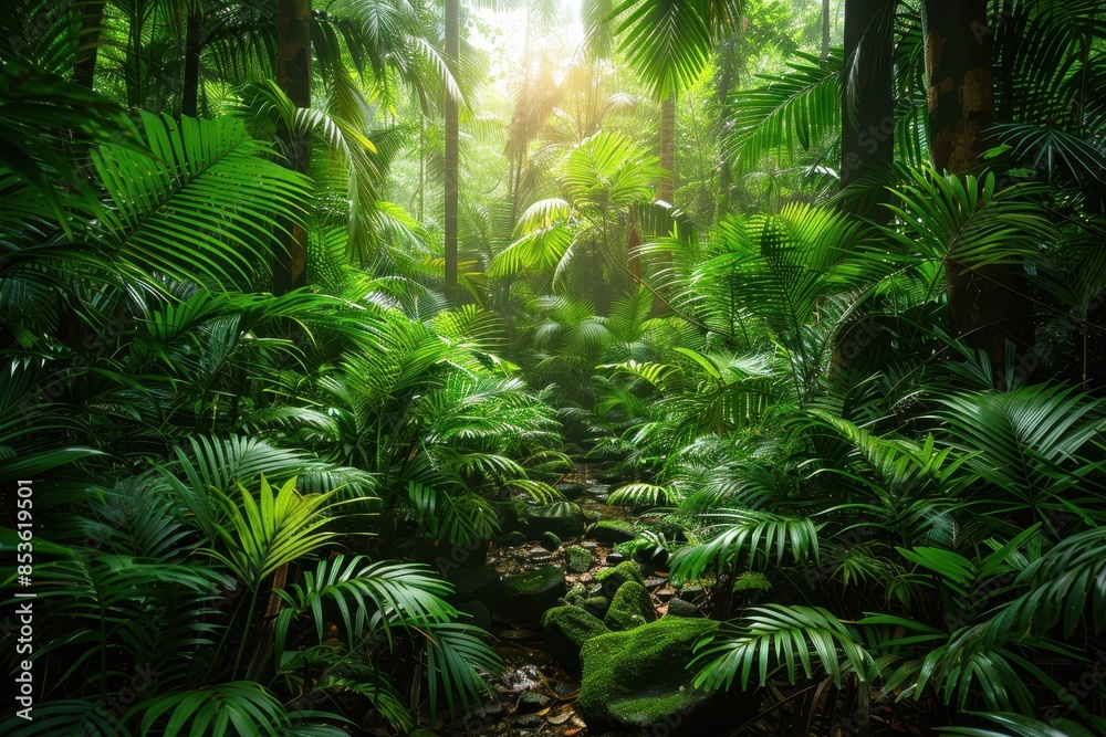 A dense rainforest with a diverse range of flora and fauna, showing the richness of biodiverse habitats. A dense rainforest with a diverse range of flora and fauna, showing the richness of biodiverse habitats.