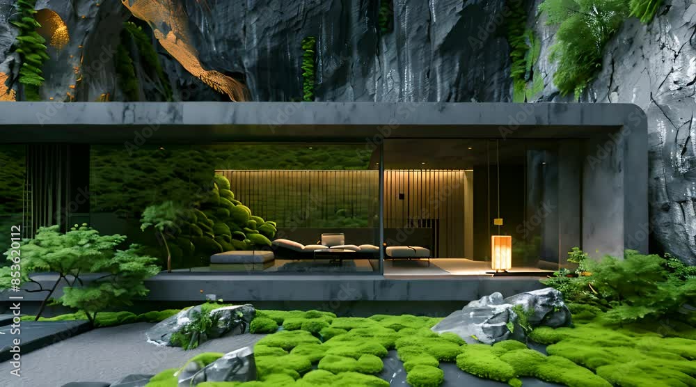 a brutalist sanctum built into a cave, natural, black concrete ...