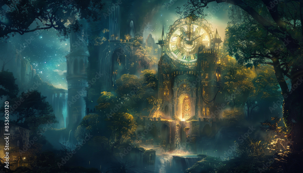 Obraz premium A fantasy scene with a castle and a clock tower by AI generated image