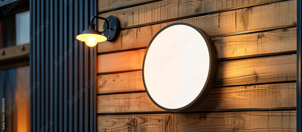 round signboard on a wooden wall building round signboard on a wooden wall building