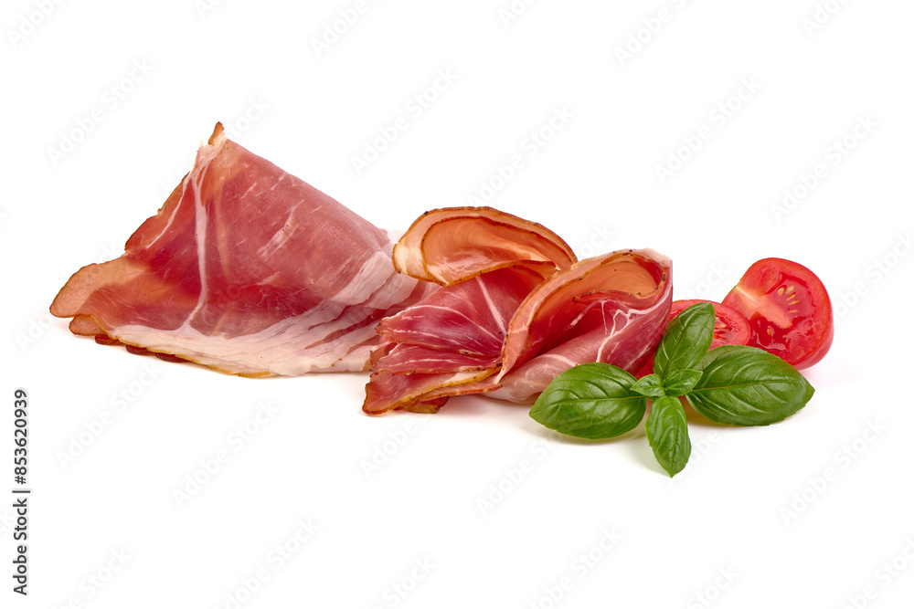 Delicious Serrano ham, cured jamon iberico, isolated on white background. Delicious Serrano ham, cured jamon iberico, isolated on white background.