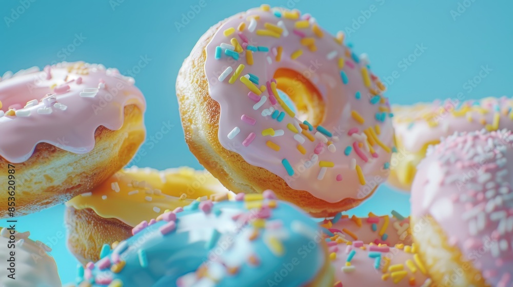 A colorful stack of donuts covered in sprinkles, great for food and beverage illustrations or desserts A colorful stack of donuts covered in sprinkles, great for food and beverage illustrations or desserts