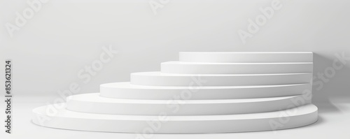Minimalistic white spiral staircase in modern interior, symbolizing progress, achievement, and growth in a clean white space.