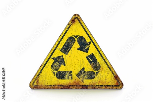 A yellow sign with a recycling symbol warns of proper waste disposal