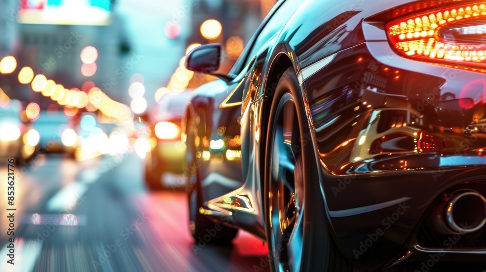 A close-up view of a car parked on a busy city street, great for urban-themed projects A close-up view of a car parked on a busy city street, great for urban-themed projects