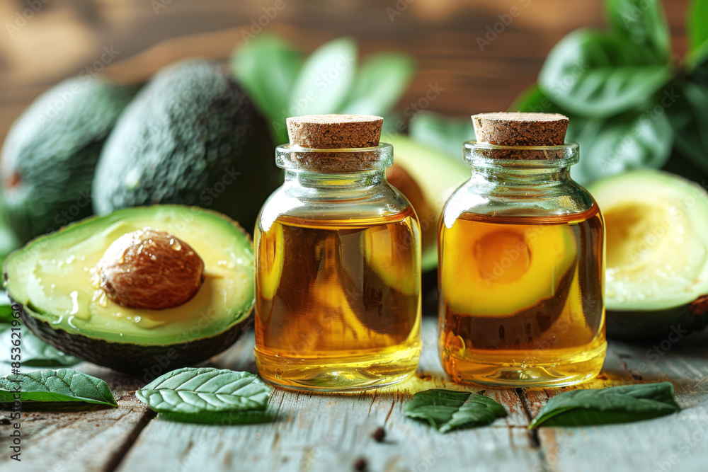 Avocado oil in a small glass bottle on a wooden background.