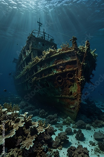 Sunken ship covered in coral and marine life. Beautiful underwater landscape.