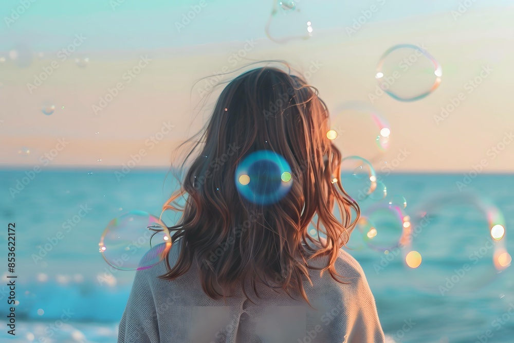 An anonymous girl making bubbles while standing on a beach An anonymous girl making bubbles while standing on a beach