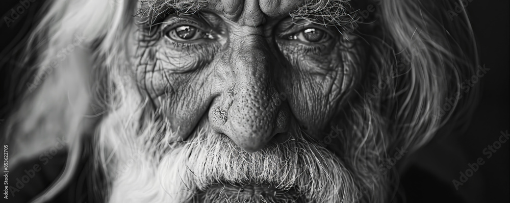 Black and white portrait of old man with long white hair and wrinkles on his wise face. Black and white portrait of old man with long white hair and wrinkles on his wise face.