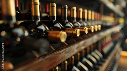 Wine bottles displayed on a shelf, perfect for food and beverage photography or still life compositions photo