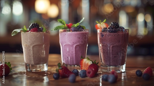 Fresh Berry Smoothies on Wooden Bar photo