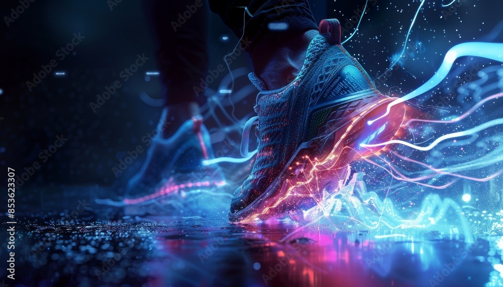 A person's foot is shown in a blurry, colorful, and dynamic way by AI generated image A person's foot is shown in a blurry, colorful, and dynamic way by AI generated image
