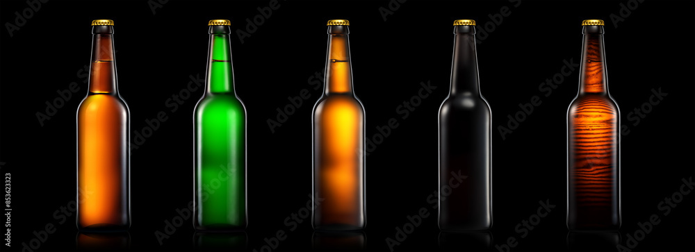 Set of bottle of beer or cider isolated on black background