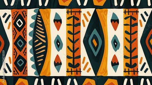 Colorful ethnic Bantu African pattern featuring geometric shapes, bold lines, and traditional motifs in shades of orange, teal, and cream.. photo