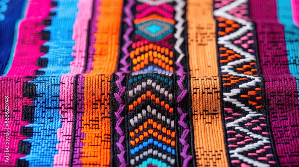Close-up of a vibrant African woven fabric with geometric Hmong patterns in blue, pink, orange, and black, representing tribal heritage..