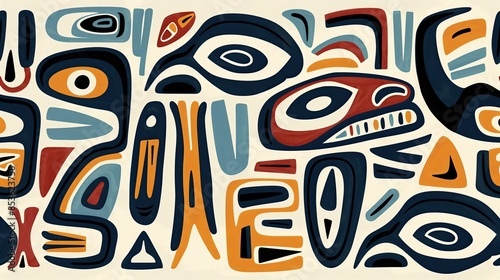 Abstract ethnic Inuit tribal pattern with stylized eyes, faces, and shapes in blue, orange, and red on a cream background, evoking a sense of mysticism.. photo