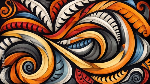 Colorful abstract swirls in red, orange, yellow, and blue hues creating a vibrant and dynamic Maori moko pattern. photo