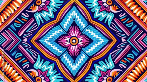 Colorful embroidery with geometric shapes and floral motifs in blue, pink, orange, and white, reflecting African tribal Hmong designs.. photo