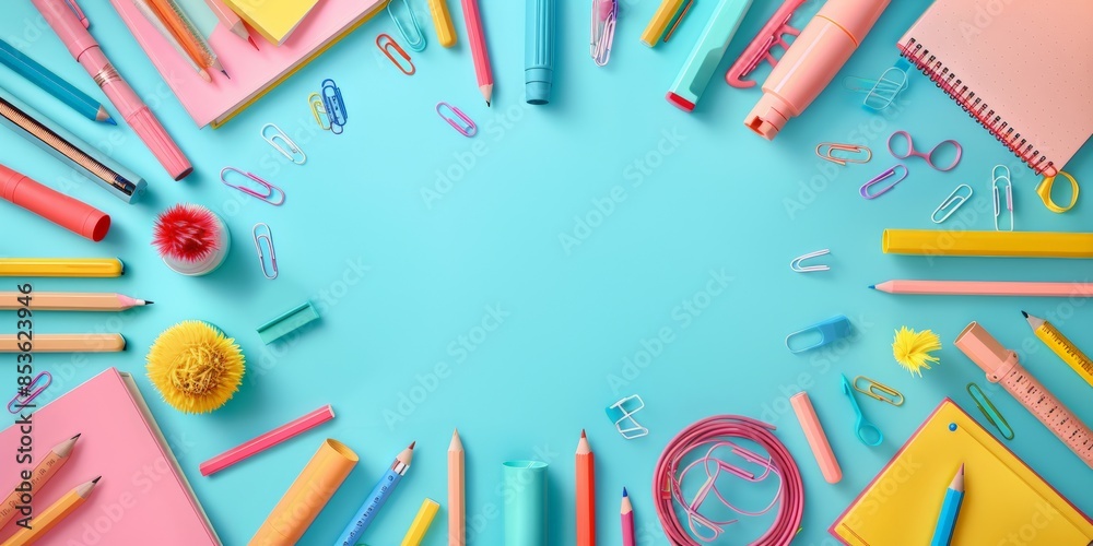 An arrangement of various colorful school supplies, including notebooks, pencils, and apples, on a bright blue background, creating a playful and organized study setup. An arrangement of various colorful school supplies, including notebooks, pencils, and apples, on a bright blue background, creating a playful and organized study setup.