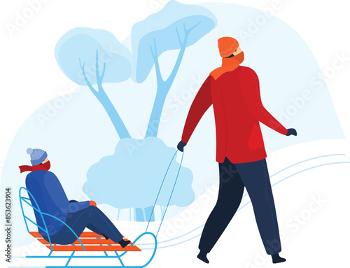 Person sledding outdoors winter snow activity, warm winter clothing, trees, isolated white, cold outdoor fun, vector illustration. Happy children sledging, snow