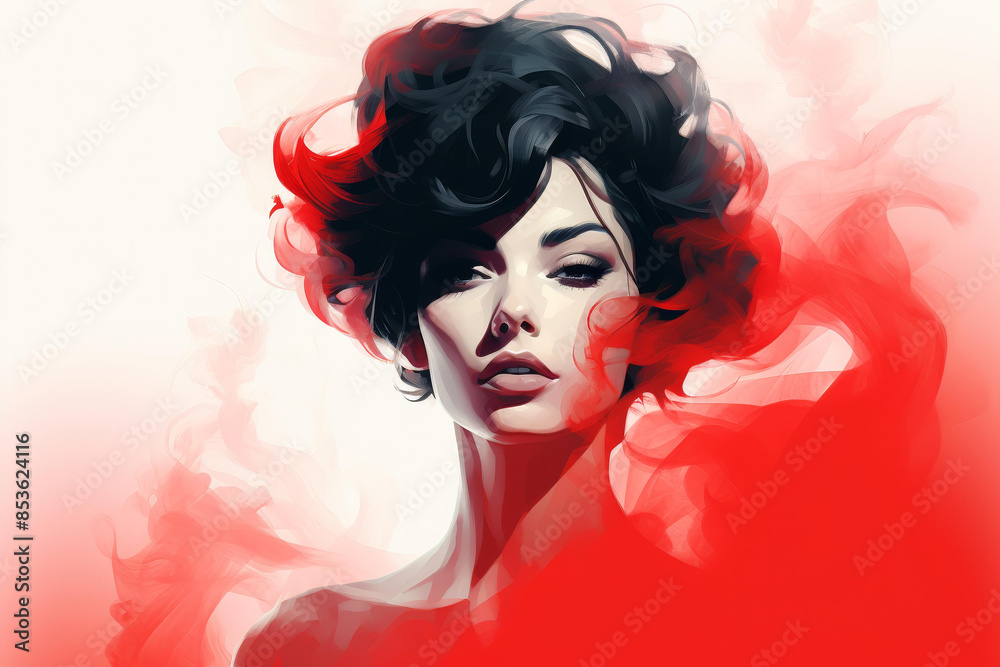 Stunning illustration of a slim, beautiful woman in a flowing red dress made of smoke, highlighting her striking facial features. Stunning illustration of a slim, beautiful woman in a flowing red dress made of smoke, highlighting her striking facial features.