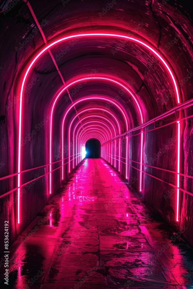 Obraz premium A dark tunnel with a faint red light at the end