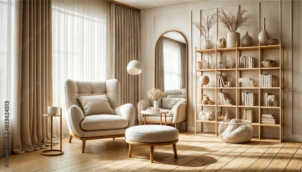 Elegante angolo lettura con poltrona beige, poggiapiedi abbinato e libreria alta