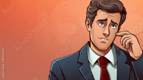 Animated cartoon man in a suit looking apologetic with speech bubble photo