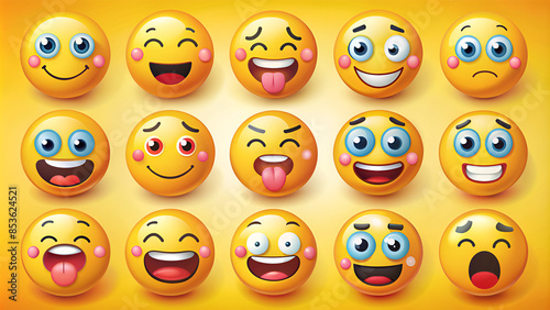 Funny cartoon yellow emoji and emotions icon collection. Mood and facial emotion icons. Crying, smile, laughing, joyful, sad, angry and happy faces, emoticons vector set. © Matan