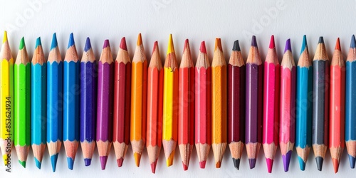 Neatly arranged colorful pencils on a white background, emphasizing the simplicity and variety of back-to-school supplies.