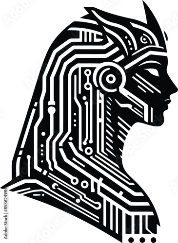 sphinx silhouete with cyberpunk pattern illustration