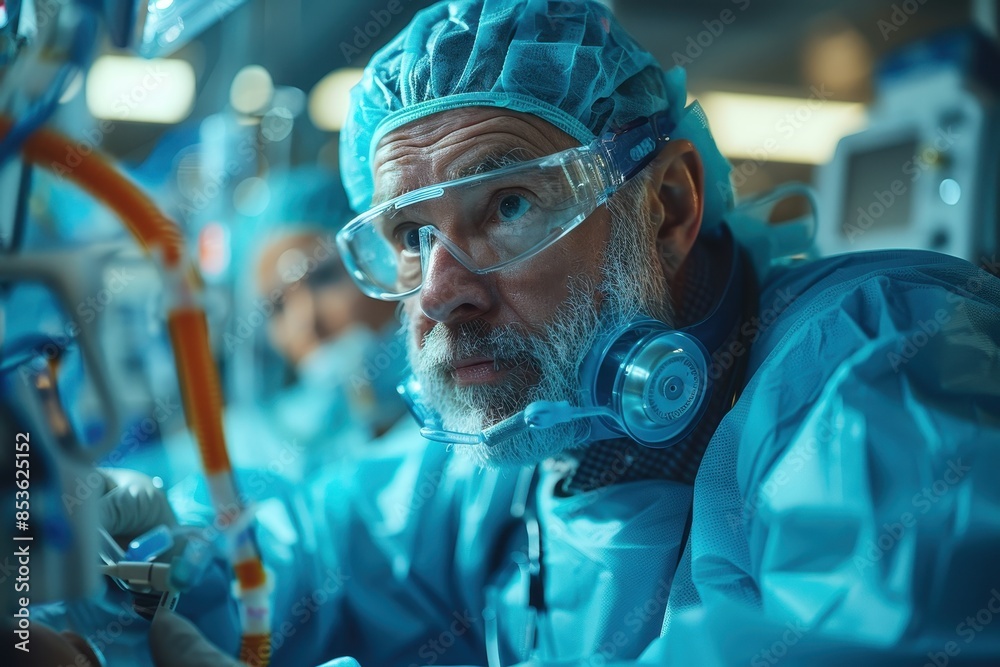 A doctor examining a patient's x-ray in a well-lit, modern hospital room. A doctor examining a patient's x-ray in a well-lit, modern hospital room.