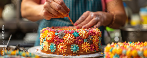 A baker decorating a cake with intricate designs inspired by traditional folk art motifs, using vibrant colors and patterns. photo