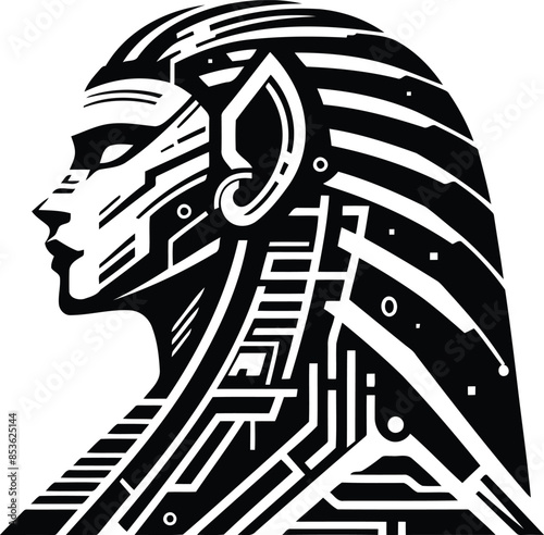sphinx silhouete with cyberpunk pattern illustration
