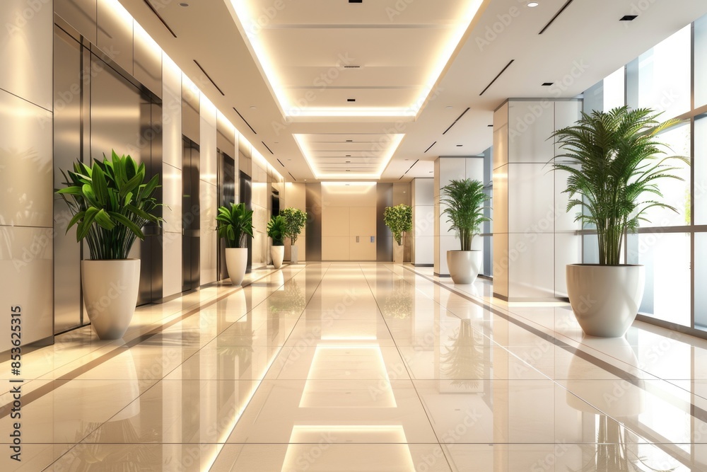 A long hallway with potted plants and large windows A long hallway with potted plants and large windows